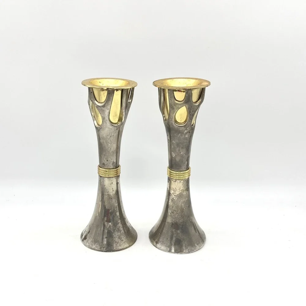 Vintage Tree of Life Mixed Metal Candlesticks Silver Gold‎ Tone Set of 2 8